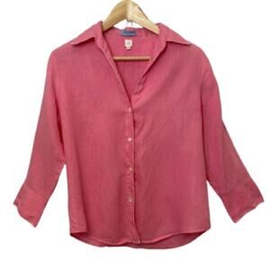 Acrobat Pink Linen 3/4 Sleeve Open Collar Button Up Blouse Shirt Top